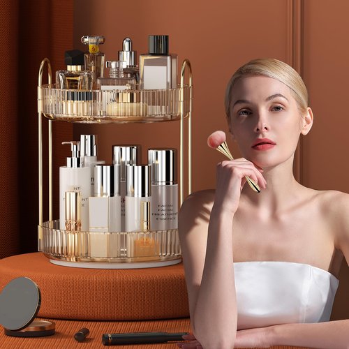 YCIA&DONE 360 Rotating Makeup Organizer and Storage for Vanity Countertop 2 Tiers, High Capacity Cosmetic Skincare Perfume Organizer for Dresser Bathroom Lazy Susan Organizer(Amber Gold)