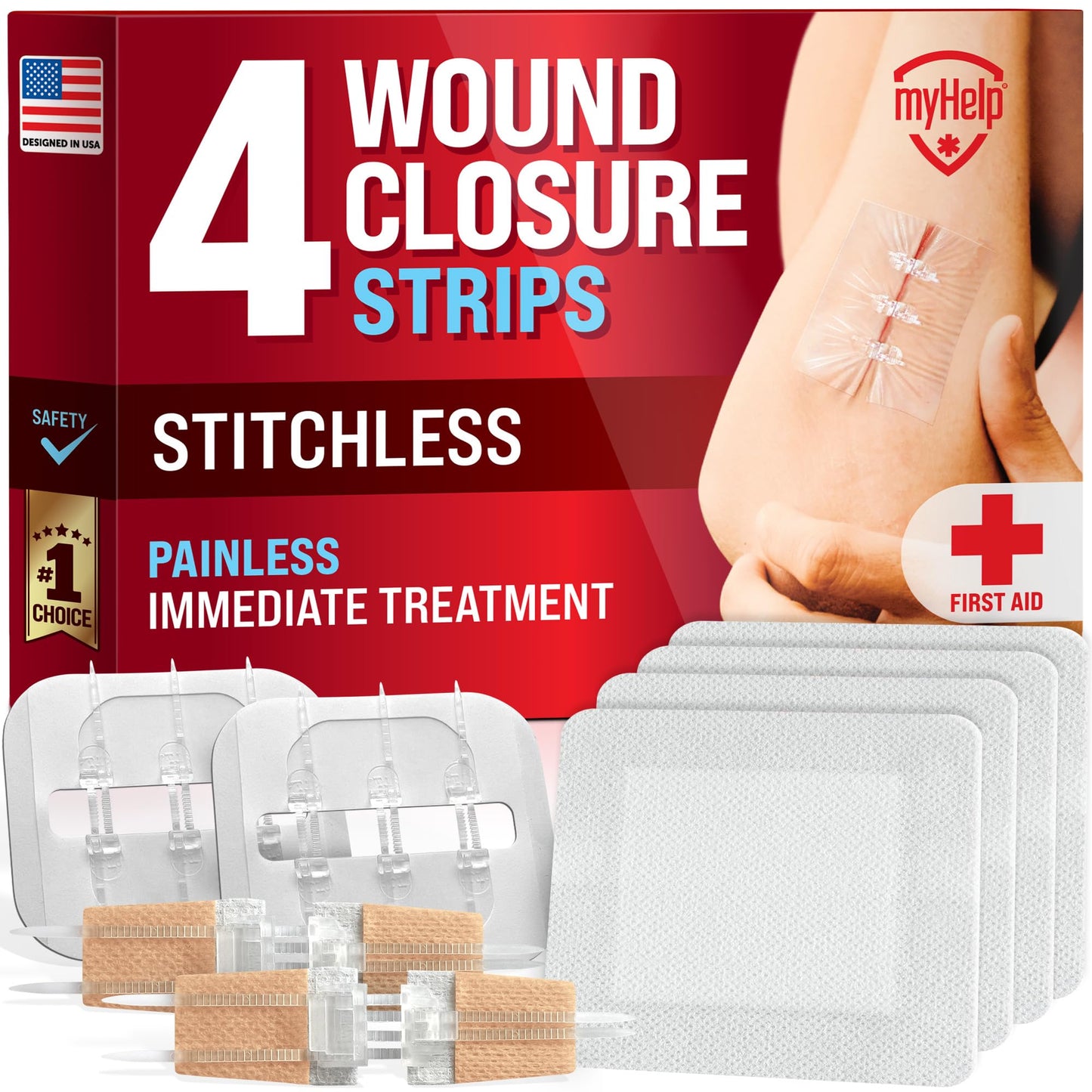 Emergency Wound Closure Strips - 4pk - 2 Types Sutures Free Laceration Closure Kit - Stitchless & Easy to Use - Butterfly Bandages for Cut Care - Perfect for Quick Stop Bleeding and Wound Closing