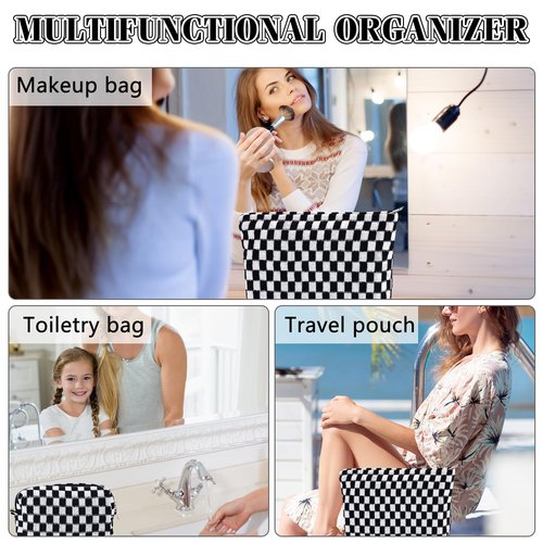ZLFSRQ 2Pcs Checkered Makeup Bag for Women Large Cosmetic Bag Set Travel Toiletry Bag Makeup Pouch Bag for Purse Black Zipper Storage Bag Organizer Cute Small Aesthetic Girls Car Essentials Bag