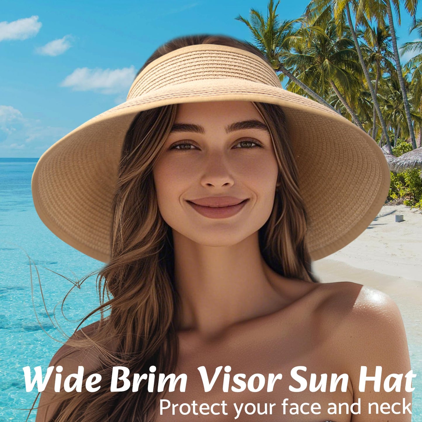 NPQQUAN Sun Visor Hats for Women Wide Brim Ponytail Straw Beach Hat Packable Foldable UPF 50+ Floppy Travel Hats Black