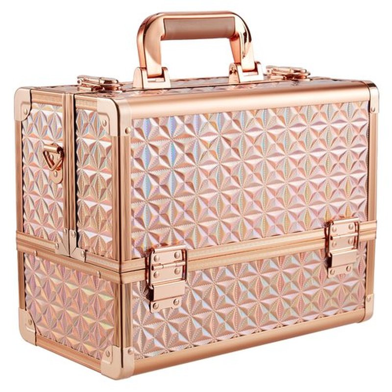 FRENESSA Extra Large Makeup Organizer Case Cosmetic Train Case 6 Trays Large Bottom with Shoulder Strap Travel Makeup Case for Makeup Artist, Cosmetology, Nail Tech Kits Makeup Box Storage Rose Gold