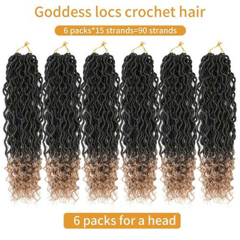 Faux Locs Crochet Hair 18 Inch 6 Packs Ombre Goddess Locs Crochet Hair For Black Women Pre Looped Faux Locs With Curly Ends Synthetic Loc Hair Extensions(1B/27, 18 Inch, 6 Packs)