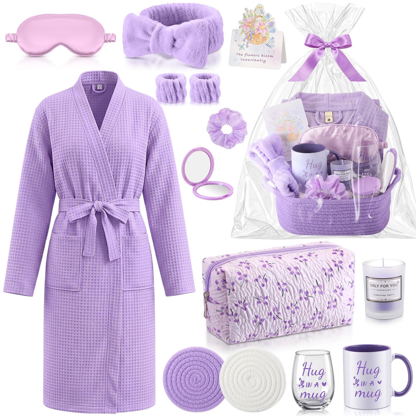 Afarnook 13 Pcs Birthday and Get Well Soon Gifts for Women Self Care Gifts Basket Spa Care Package with Robe Scented Candle for Her Mom Nurse Mother's Day(Purple)