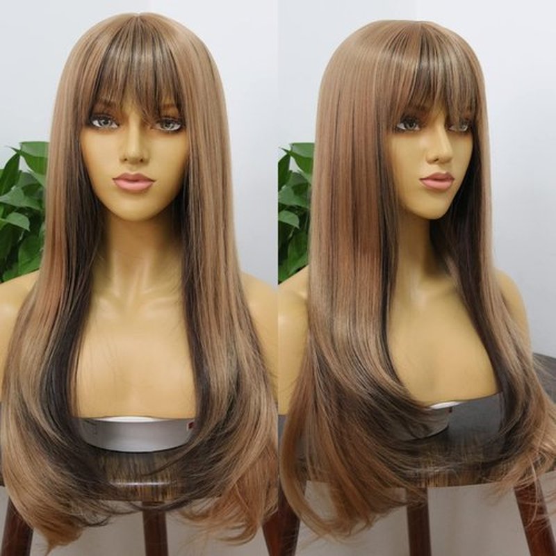 MSMYRNS Long Wavy Bang Wig Heat Resistant Synthetic Wig Light Auburn Blonde With Dark Brown Mixed Glueless None Lace Wig Fashion Fringe Unit Full Machine Made Scalp Wig