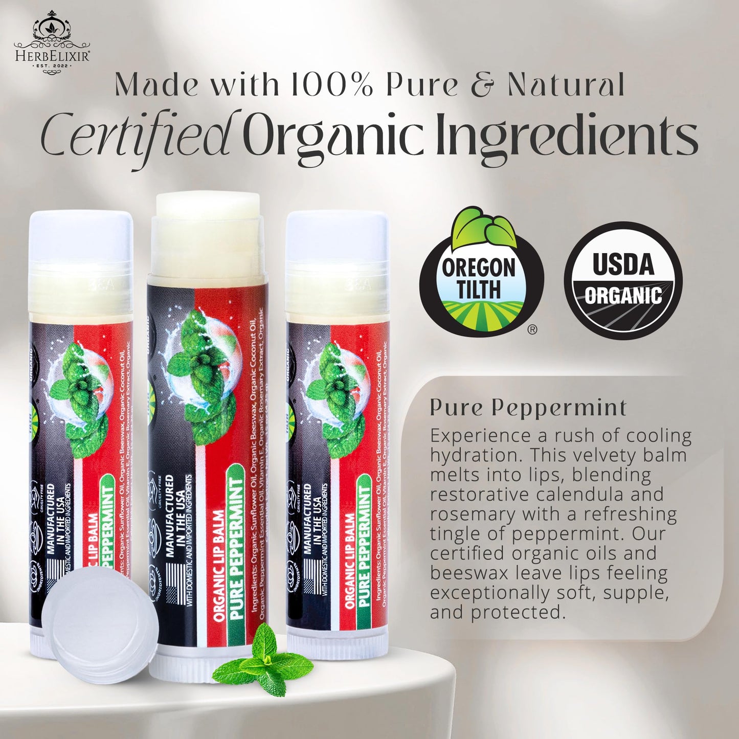 Organic Lip Balm Chapstick Bulk 3 Pack – Peppermint – Natural Beeswax Lip Balm – Moisturizer for Very Dry, Chapped Lips