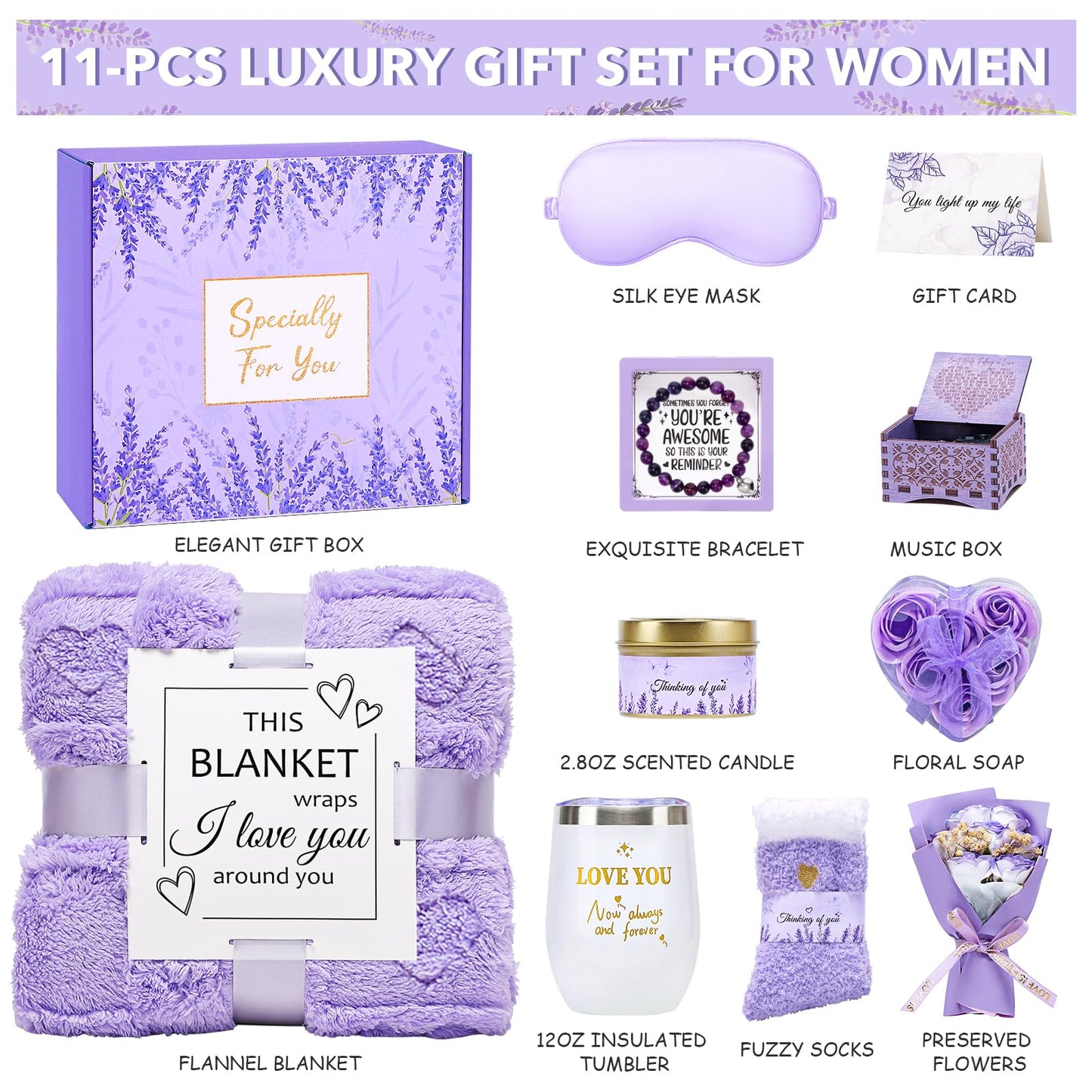Mothers Day Gifts for Mom Wife Grandma Friends Sister, Birthday Gifts for Women, Self Care Get Well Soon Gifts, Spa Gift Baskets Set Thinking of You Care Package with Flannel Blanket Gift Box