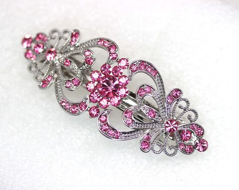 Faship Gorgeous Pink Crystal Hearts And Floral Hair Barrette