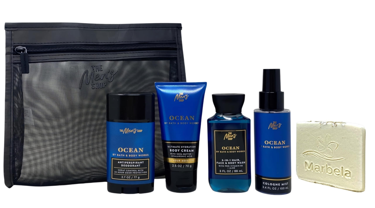 Bath & Body Works Men's Collection Ocean Gift Set - Body Cream - 3-in-1 Hair, Face & Body Wash - Cologne Mist and Antiperspirant Deodorant - Travel Size - with a Natural Oats Sample Soap