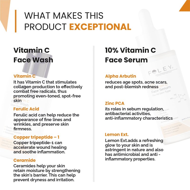 FOLEY Skincare Combo – Vitamin C Face Wash (100 ml) & 10% Vitamin C Face Serum (30 ml) – Daily Cleansing & Brightening Routine for All Skin Types
