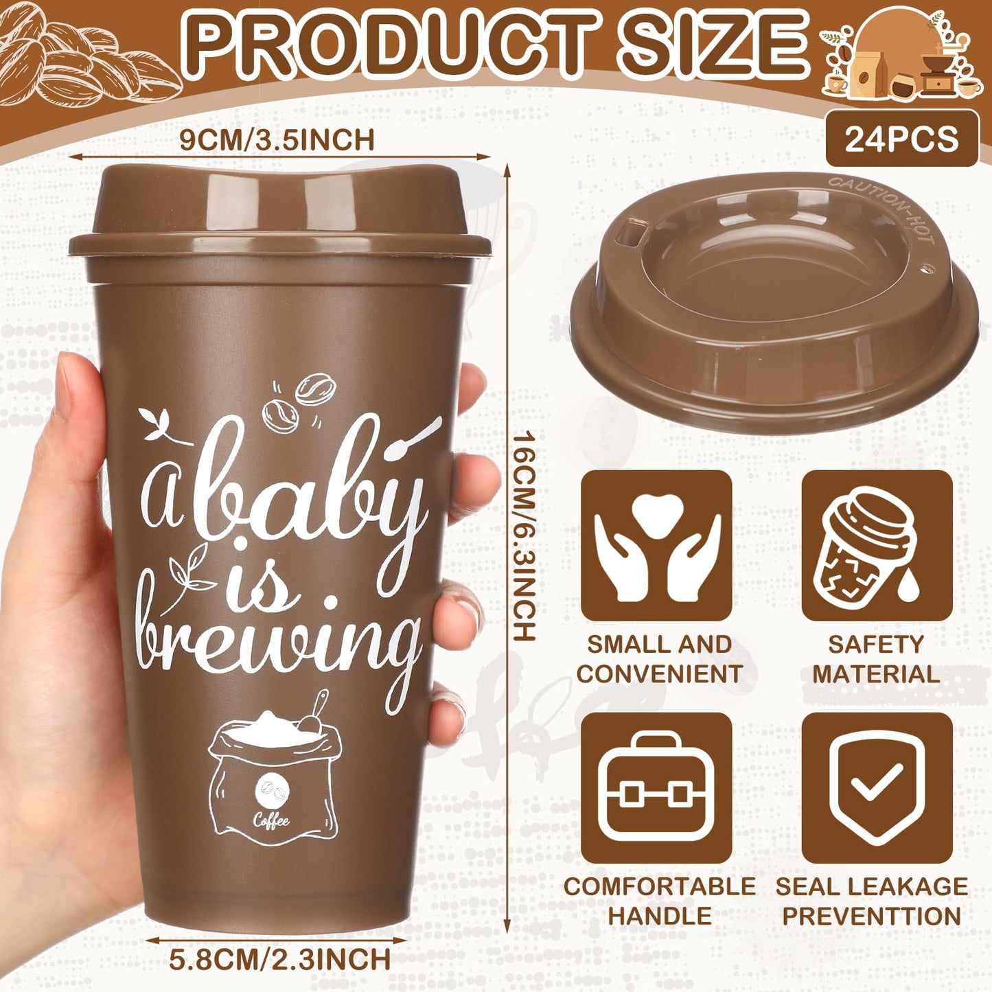 Ferrochef 24 Pcs Baby Is Brewing Cups with Lid 16 oz Babies Is Brewing Baby Shower Decorations Coffee Themed Birthday Tumblers Bulk Plastic Cups for Gender Reveal Party Supplies Guest Gift