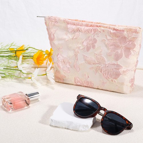 ZLFSRQ Flower Makeup Bag Travel Cute Floral Cosmetic Bags for Women Large Makeup Pouch Zipper Cosmetic Pouch for Purse Aesthetic Embossed Pink Makeup Organizer Bag Portable Toiletry Bag