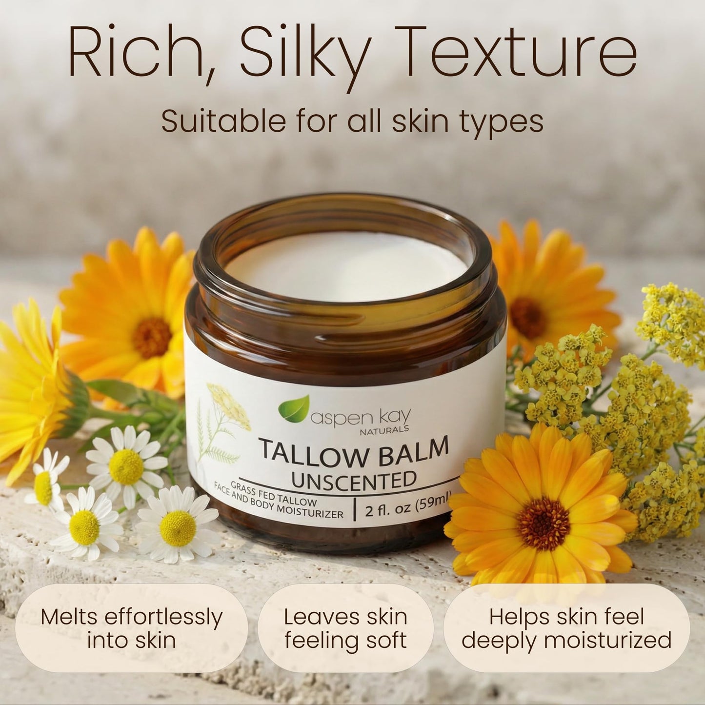 Aspen Kay Naturals Handmade Grass Fed Beef Tallow Balm for Face and Body (Unscented), Organic Chamomile, Yarrow and Calendula, Fragrance Free Skin Moisturizer for Sensitive Skin, 2 fl oz, Made in USA