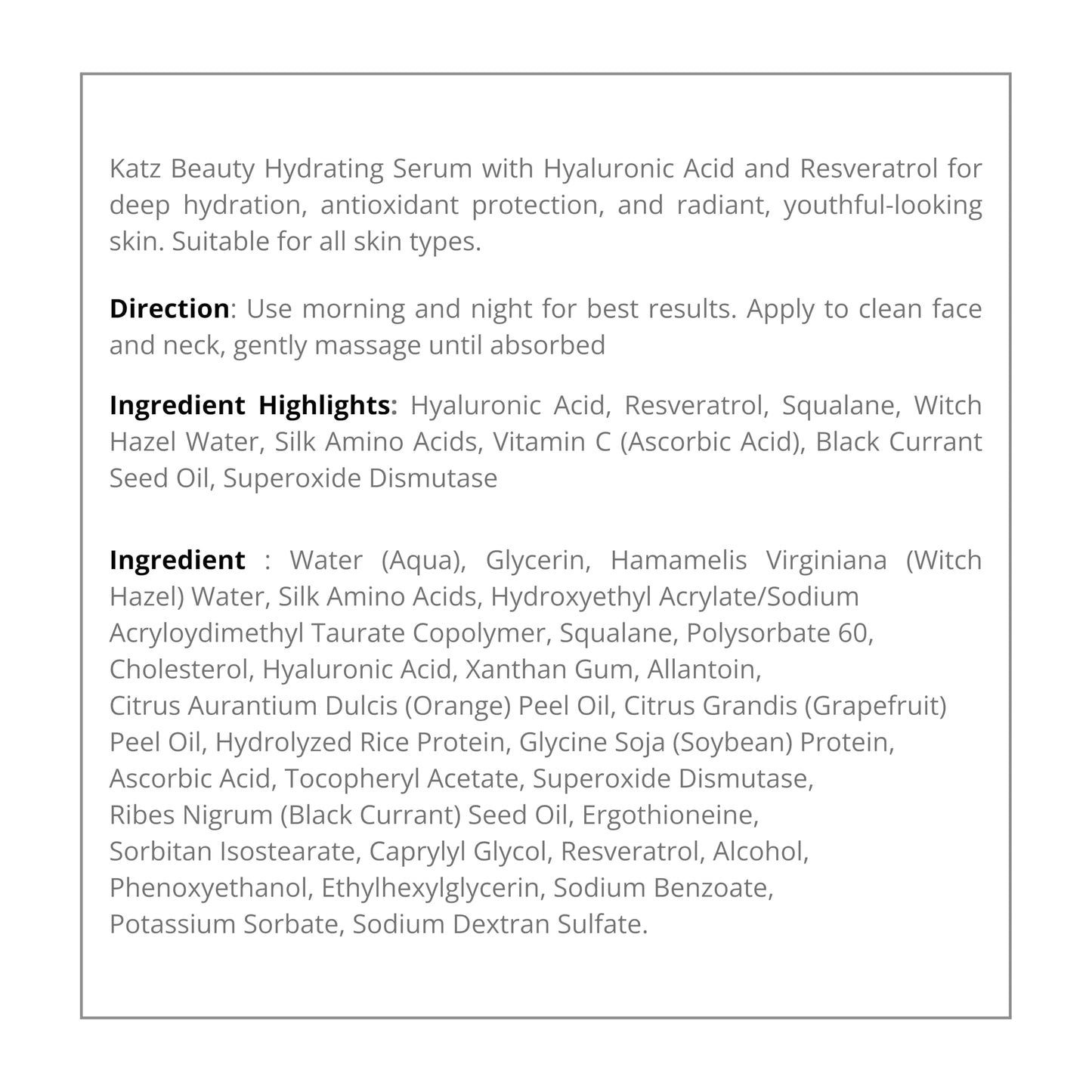 Katz Beauty Hydrating Serum with Hyaluronic Acid & Resveratrol - Plumping Face Serum for Dry, Sensitive Skin, Moisturizing Glow for Women & Men, 1 fl oz