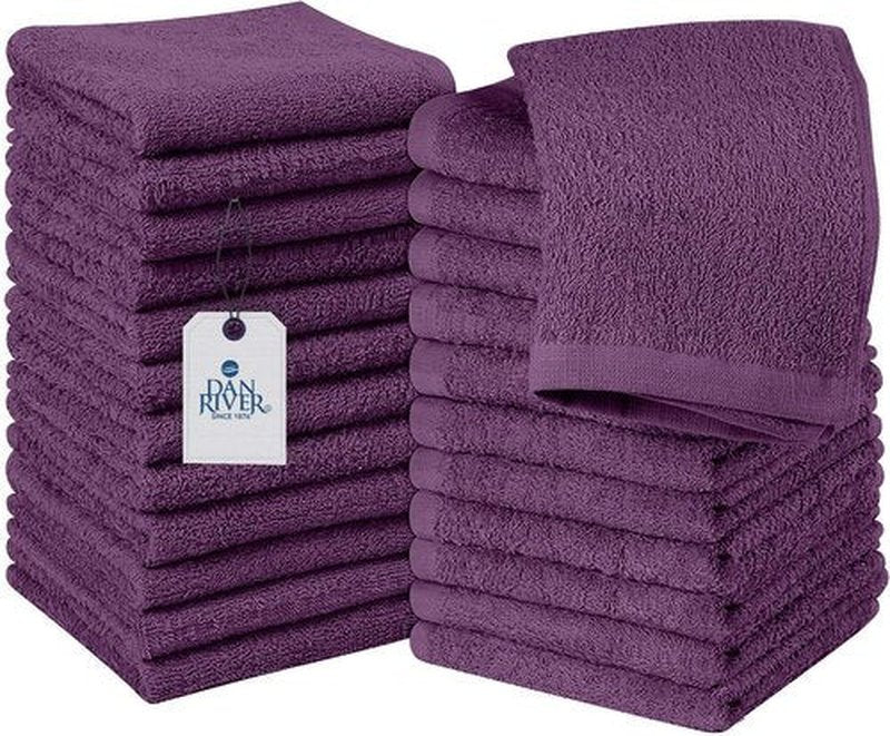 DAN RIVER 100% Cotton Washcloths 24 Pack Premium Quality Face and Body Cloth, Quick Dry Essential Towels for Bathroom, Hand, Kitchen & Cleaning, Baby Washcloths | 12X12 in | 400 GSM | Purple