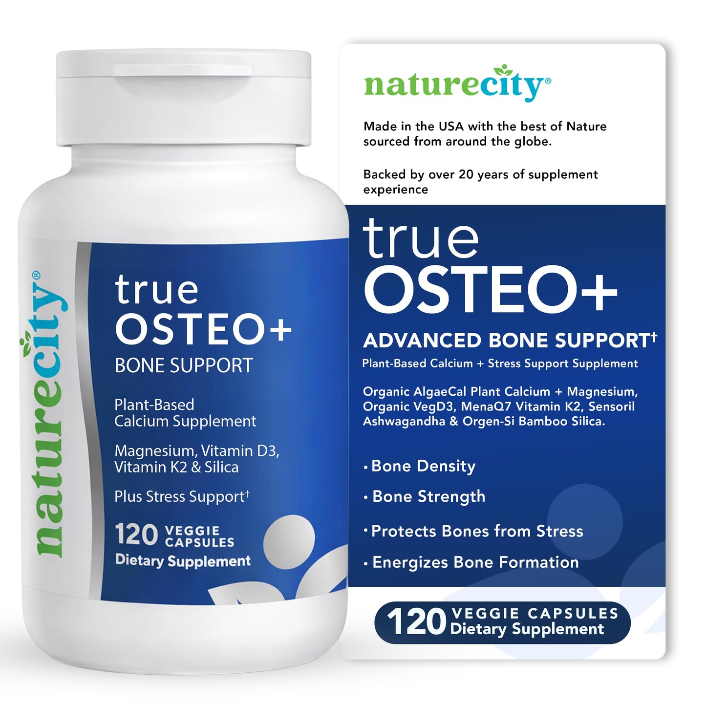 NatureCity True-Osteo Plus Bone Support with Ashwagandha – for Strength & Density – Plant-Based Calcium with Organic AlgaeCal, Magnesium, Vitamin D3, K2, Silicon & Stress Support | 120 Veggie Capsules