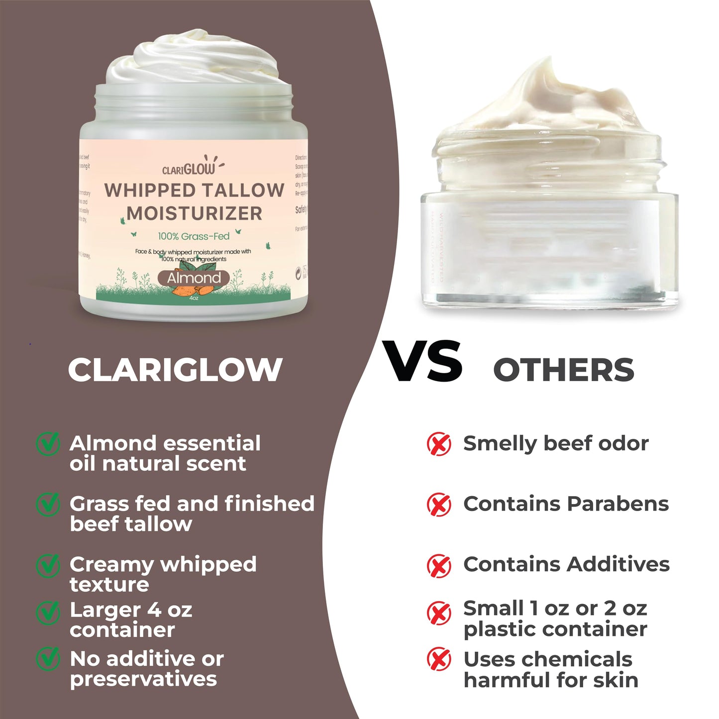 Clariglow Whipped Beef Tallow Face Moisturizer | 100% Grass Fed Beef Tallow Skin Face Balm Cream | Lotion Balm Body Moisturizer with Honey & Almond | 4 oz | Natural Skin Care