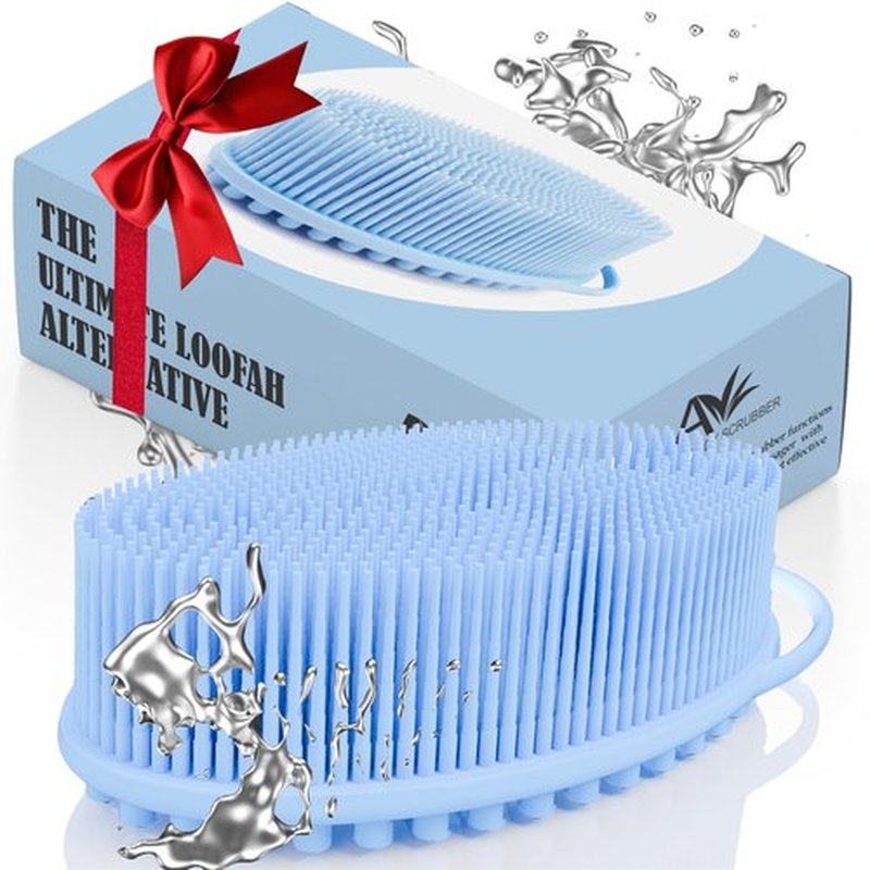 Avilana Silicone Exfoliating Body Scrubber – Dual-Sided Silicone Loofah for Shower, Body Scrubber for Men & Women, Gentle Loofa Alternative, Easy-to-Clean Silicone Body Scrubber (Blue with Silver)
