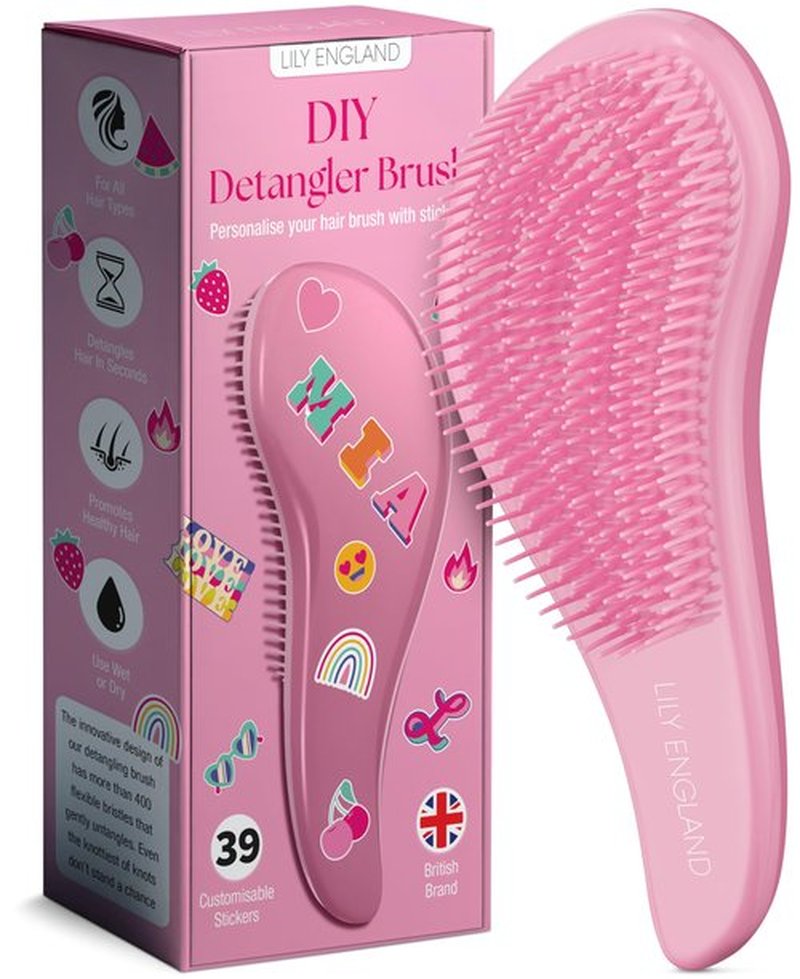 Lily England Detangler Brush for Curly Hair, Thick, Straight & Natural Hair - Trendy Gift for Teens, Kids & Toddlers with Stickers - Hairbrush for Wet & Dry Hair, Pink