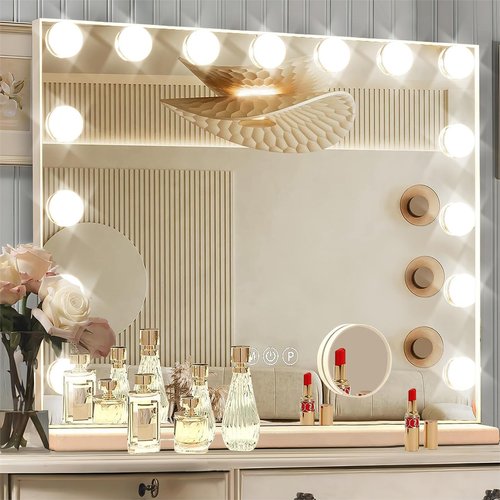 Ratsamee Hollywood Vanity Mirror with Lights, 23 x 18 Inch Led Vanity Mirror，15 Bulbs，3 Color Lights，Make Up Lighted Mirror, Aluminum Metal Frame,USB Charging Port（23" x 18"）