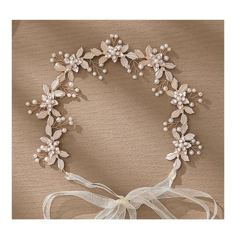 LEMOXIVI Wedding Headpiece for Bride Flower-Leaf Bridal Headband Pearl Hair Accessories for Flower Girl Bridesmaid, Gold