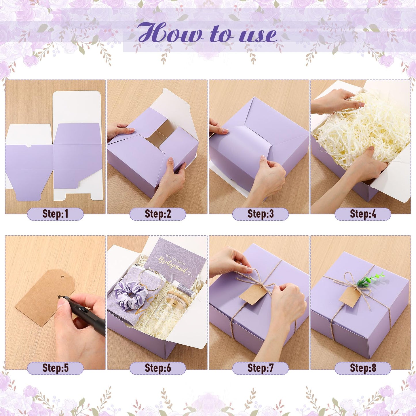FillTouch 54 Pcs Bridesmaid Proposal Gifts, Will You Be My Bridesmaid, Maid of Honor Bride Gifts Include Gift Box Makeup Bag Invited Card Glass Cup Lip Balm Scrunchie Knotted Bracelet(Purple)
