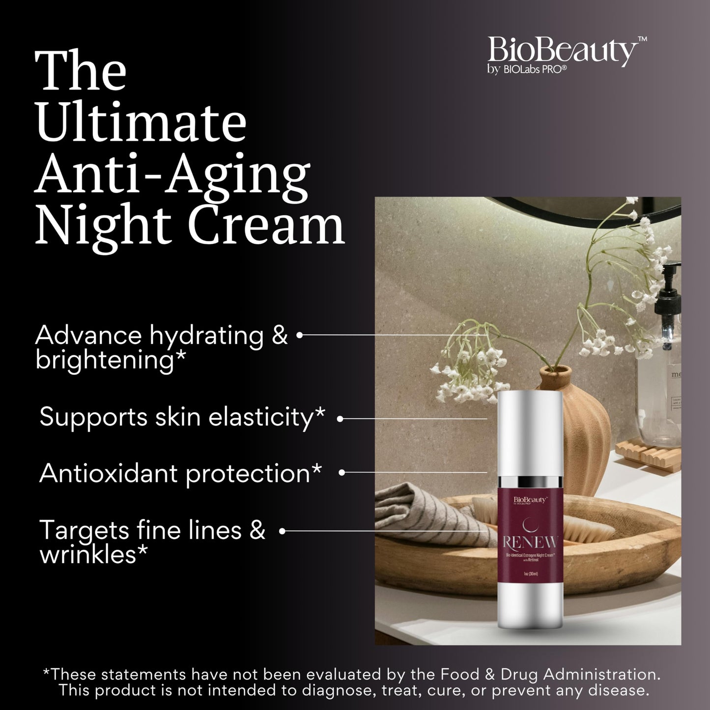 BIOBeauty Night Cream with Retinol – Restorative Anti-Aging Moisturizer Infused with Real Bioidentical Hormones - Renew Face and Under Eye Serum (1oz)