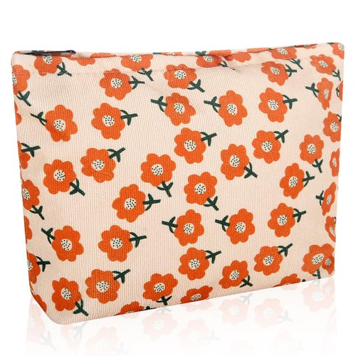 Wudimeitt Cosmetic bag Makeup bag Preppy Cute Corduroy Toiletry bag for women travel essentials (Flower orange)