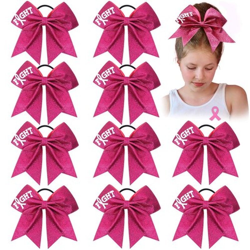 Subesty 7" Large Breast Cancer Awareness Girls Cheerleader Hair Bow Elastic Ponytail Holder For Girls Women Set Of 10