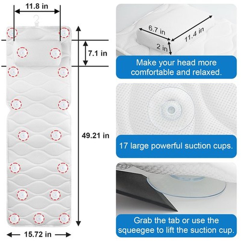 Full Body Bath Pillow for Bathtub, with Laundry Bag & 21 Non-Slip Suction Cups, Luxury Tub Pillow for Tub Neck Head and Back Support, Soft 5D Mesh Fabric Spa Bath Tub Pillow