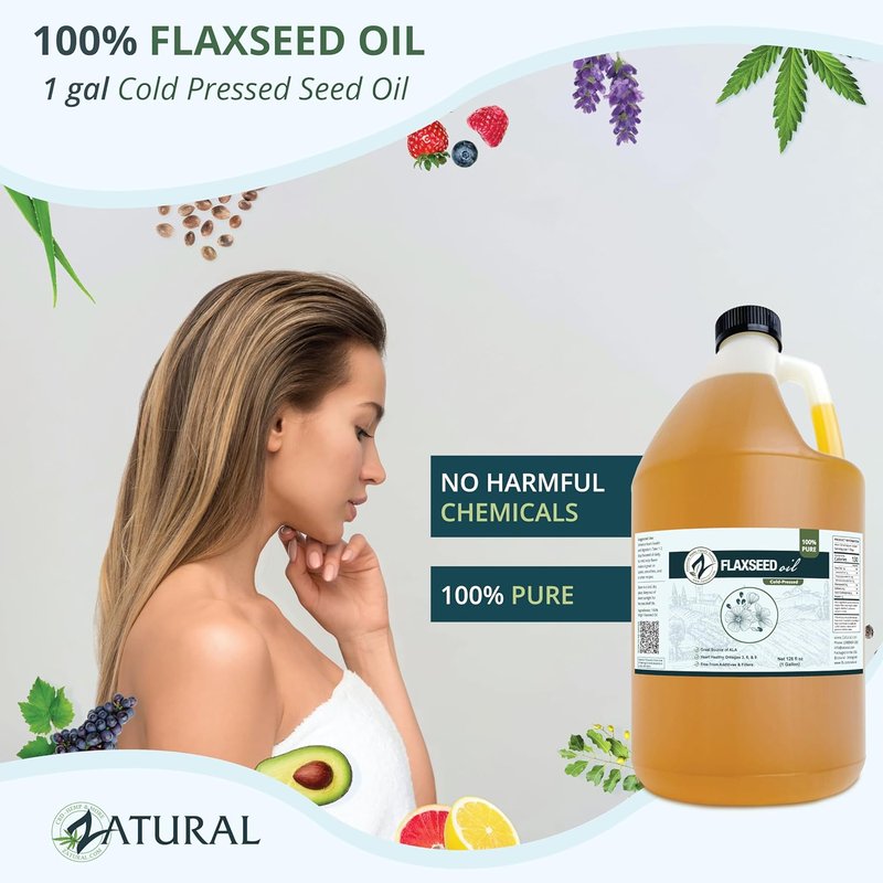 Zatural Cold Pressed Flaxseed Oil - 100% Pure Vegan Omega-3 ALA | Ideal for Salads, Smoothies & Skincare (1 Gallon)