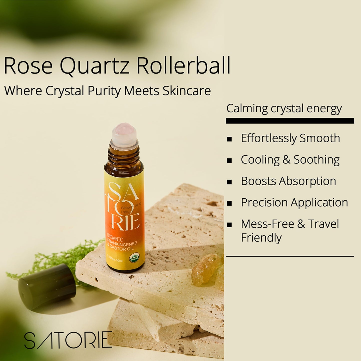 SATORIE 2-Pack Organic Castor & Frankincense Oil with Rose Quartz Rollerball - USDA Certified Essential Blend Oil Roll-On, for Face, Under Eyes, Anti-Aging, Dark Circles