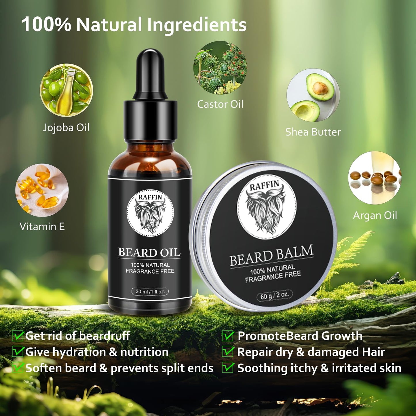 RAFFIN Beard Kit w/Beard Oil, Beard Balm, Beard Brush, Beard Comb, Beard Wash/Shampoo for Men's Self-care, Christmas & Stocking Stuffers for Adult Men, Birthday Gifts for Him Husband Boyfriend Dad