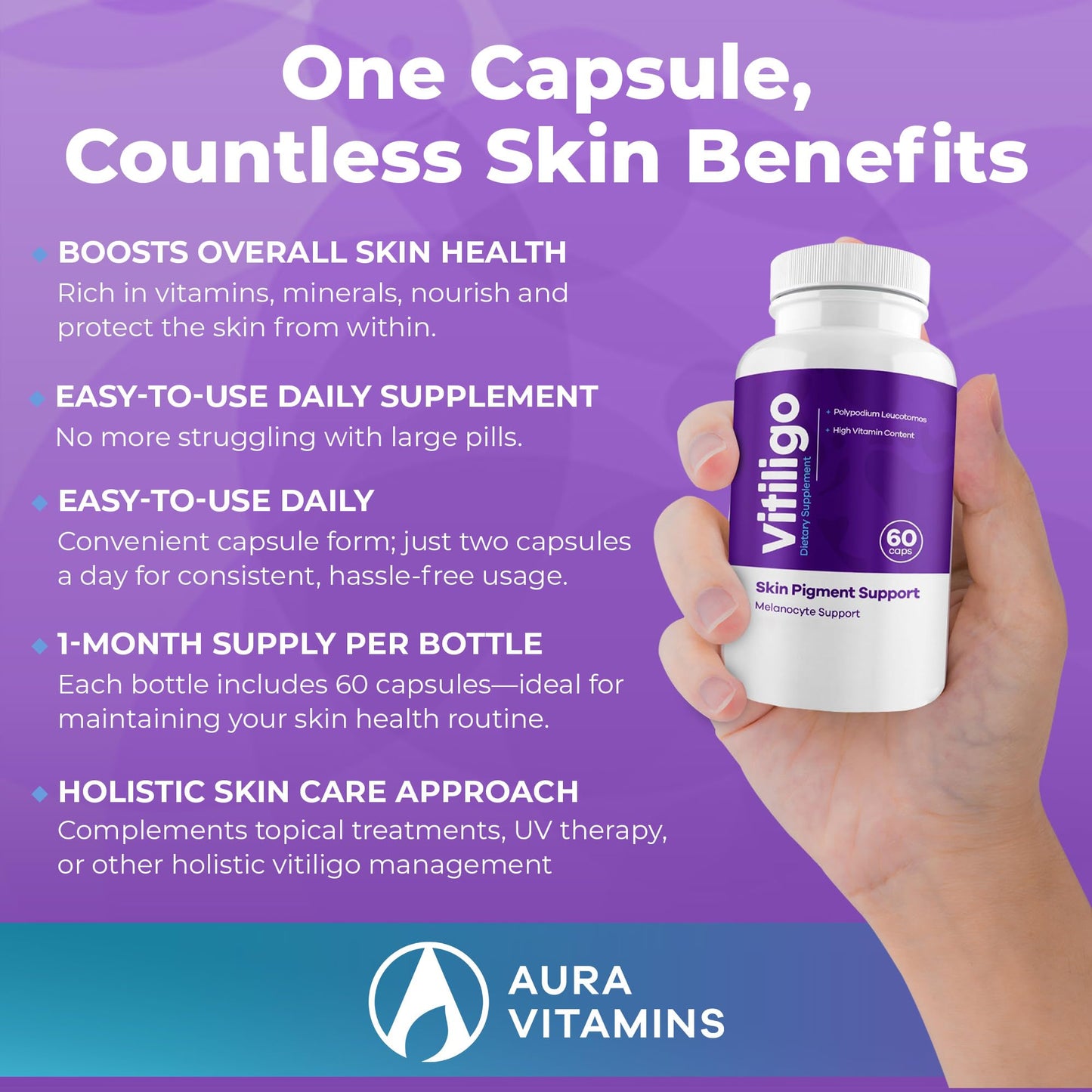 AURA VITAMINS - Vitiligo Capsules 60 Count | 1 Month | Improve Skin Pigmentation Support and Reduce White Spots | Effective Vitiligo Supplement | Natural Solution for White Spots on Skin. (1)