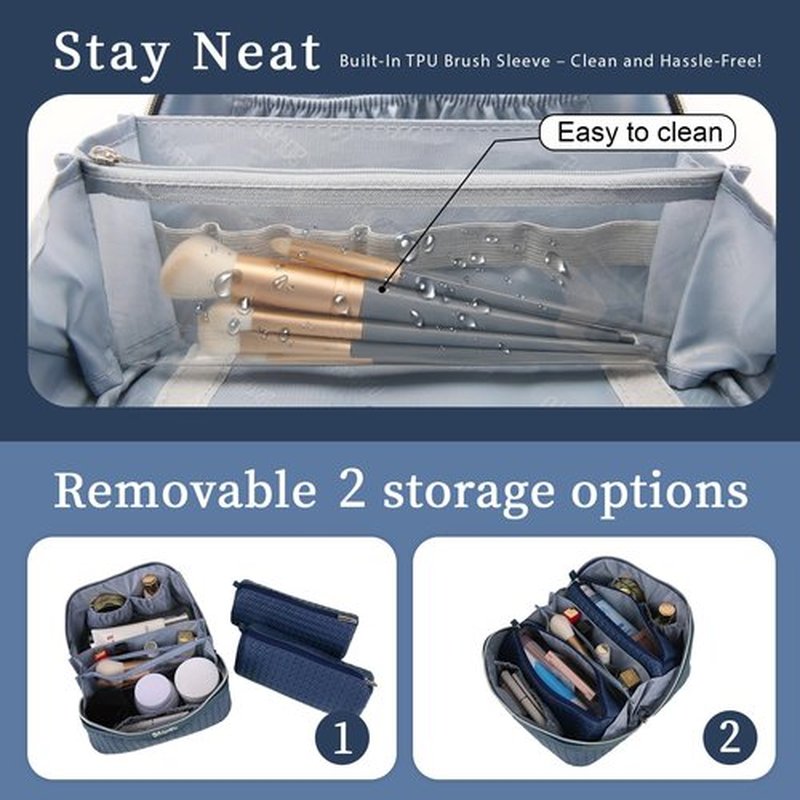 Travel Makeup Bags Cosmetic Organizer Bag: Large Capacity Make up Bag Set of 3 - Vegan Leather Woven Toiletry Bag for Women - Portable Makeup Organizer with Compartments & Handle & Divider Blue