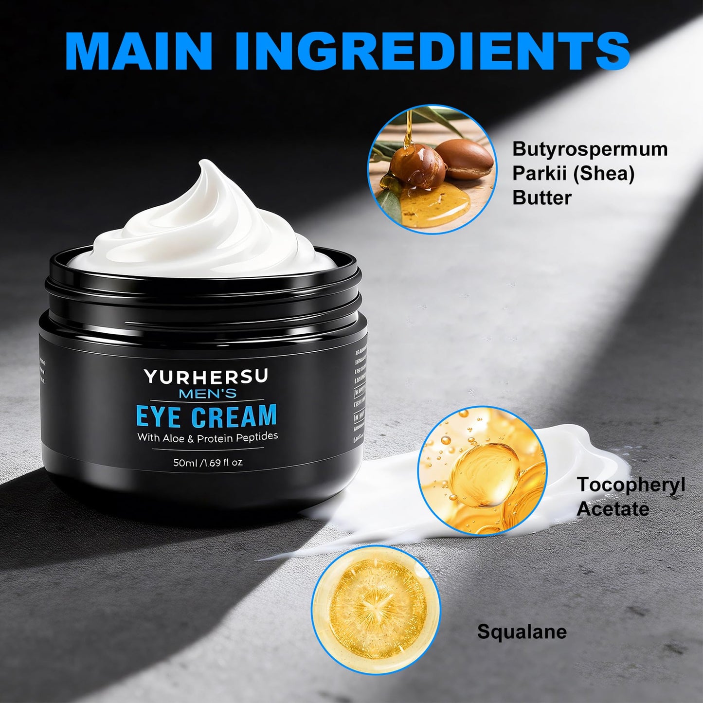 YURHERSU Moisturizing Men's Eye Repair Cream with Aloe & Protein Peptides, Hydrating Under Eye Cream to Reduce Puffiness, Dark Circles, Crows Feet and Bags, Daily Skin Care Treatment Cream, 1.69 oz