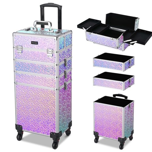 BYOOTIQUE Rolling Makeup Train Case 4in1 Cosmetic Trolley Organizer Travel Case Lockable Salon Barber Case Traveling Cart Trunk with Detachable Wheels for Makeup Artist Trave Nail, Softening Purple