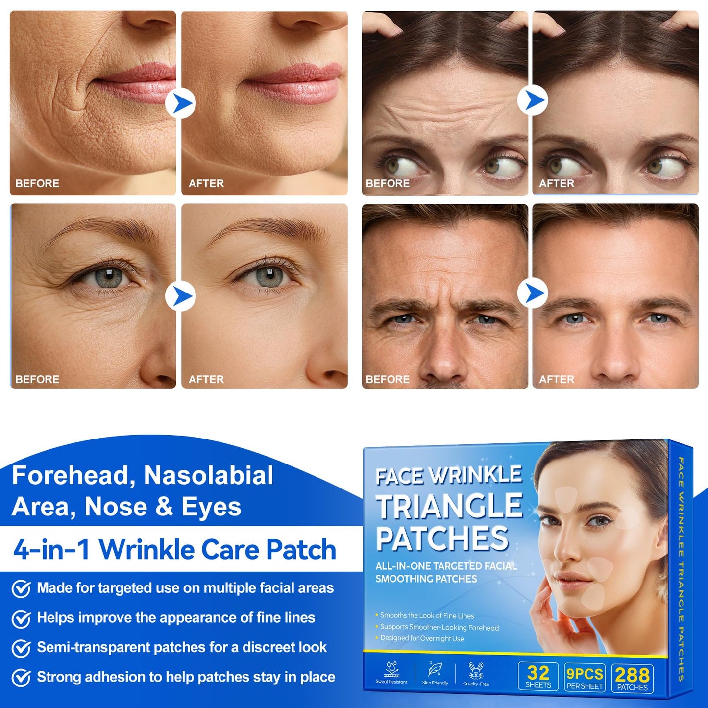 Forehead Wrinkle Patches, Anti-Wrinkle Face Triangle Patches 288 pcs*2 – Overnight Forehead & Expression Line Smoothing Patches – Frown, Smile & Marionette Lines – Reusable, Latex-Free & Skin Friendly