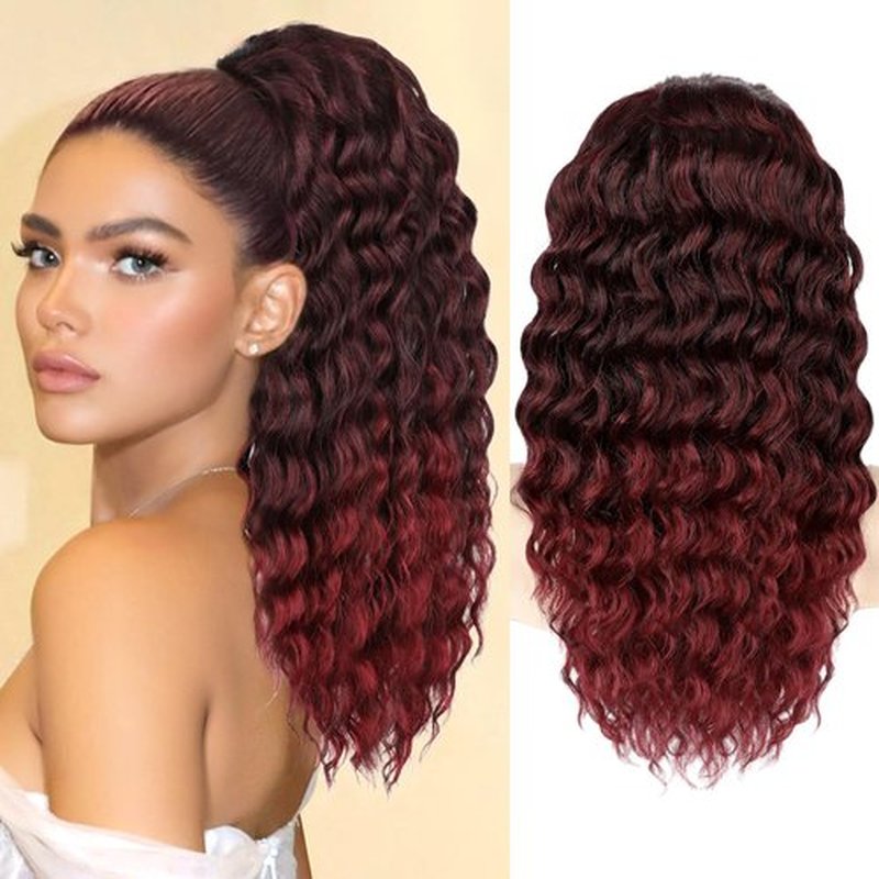 SHNMIN Ponytail Extension, Curly Drawstring Ponytail Extension for Women 18 Inch Curly Wavy Ponytail Yaki Textured Natural Fluffy Synthetic Hairpiece for Daily Use