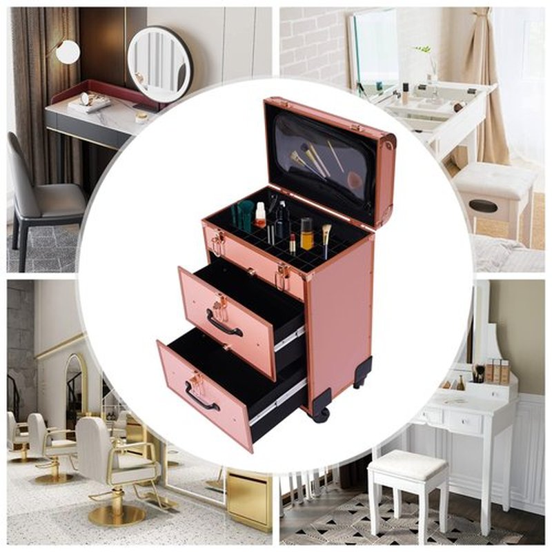 PalaUha Rolling Makeup Train Case Professional Cosmetic Organizer Trolley with Drawers Compartment Nail Case Wheeled Manicure Pedicure Storage Case for Hair Stylists Makeup Artists (Rose Gold)