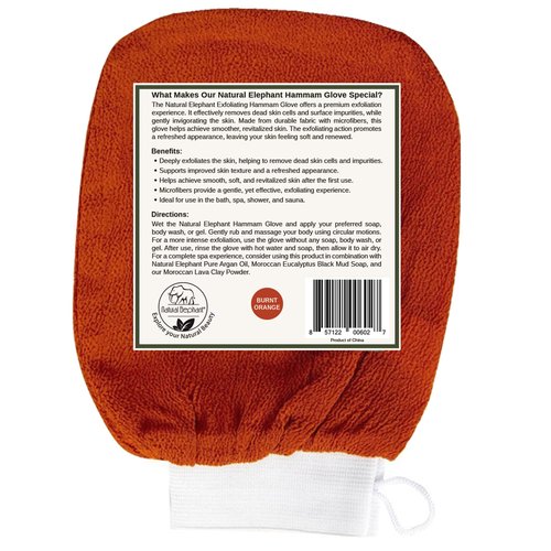 Natural Elephant Moroccan Black Soap 200g (7oz) and 2 Pack Exfoliating Hammam Glove Combo (Brown and Orange)