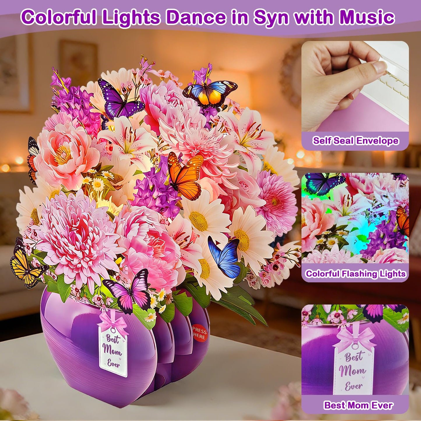 XUNXMAS Birthday Card–Happy Birthday Card Peony Flower Bouquet Design, Perfect Mother’s Day, 3D Pop Up Birthday Card for Mom with Music&Lights, Anniversary for Wife, Mother, Her (Peony Mother's Day)