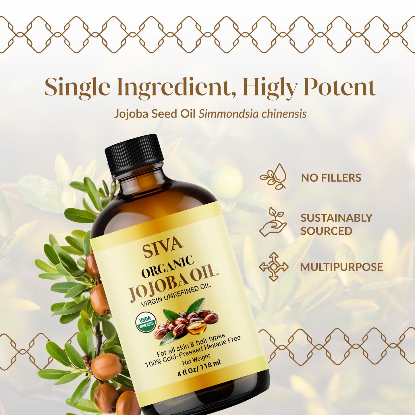 Siva Jojoba Organic Oil 4oz (118ml) Premium Cold-Pressed 100% Natural Organic Carrier Oil with Dropper for Face, Skin Care, Body Massage, Hair Care, Hair Oiling & Scalp Massage
