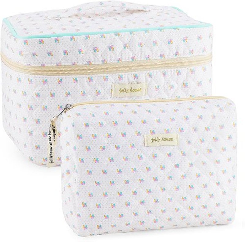 URSKYTOUS 2Pcs Cotton Quilted Makeup Bag for Women Floral Travel Large Small Cosmetic Bag Set Big Cute Makeup Pouch Portable Toiletry Bag Organizer Storage Coquette Aesthetic White Makeup Brush Bag
