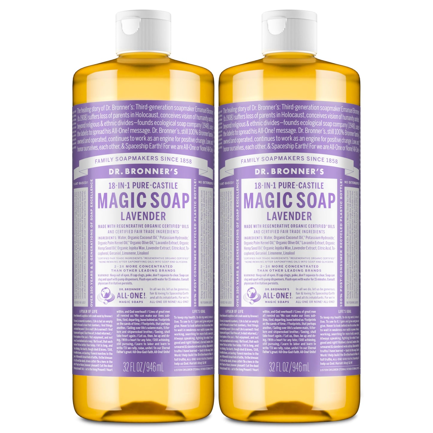 Dr. Bronner's Magic Soap - Pure-Castile Liquid Soap (Lavender, 32 ounce, 2-Pack) -Regenerative Organic Certified Oils, 18-in-1 Uses: Body, Hair, Laundry, Pets & Dishes, Concentrated, Vegan, Non-GMO