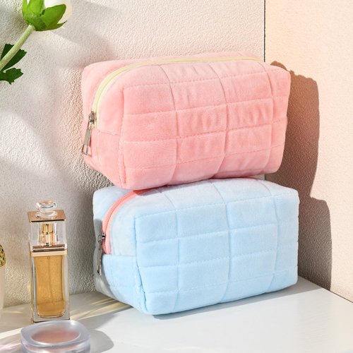 SOIDRAM 2 Pieces Makeup Bag Cute Cosmetic Bag Plush Pink Blue Checkered Makeup Pouch Coquette Travel Toiletry Bag Organizer Fluffy Makeup Brushes Puffy Storage Bag for Women