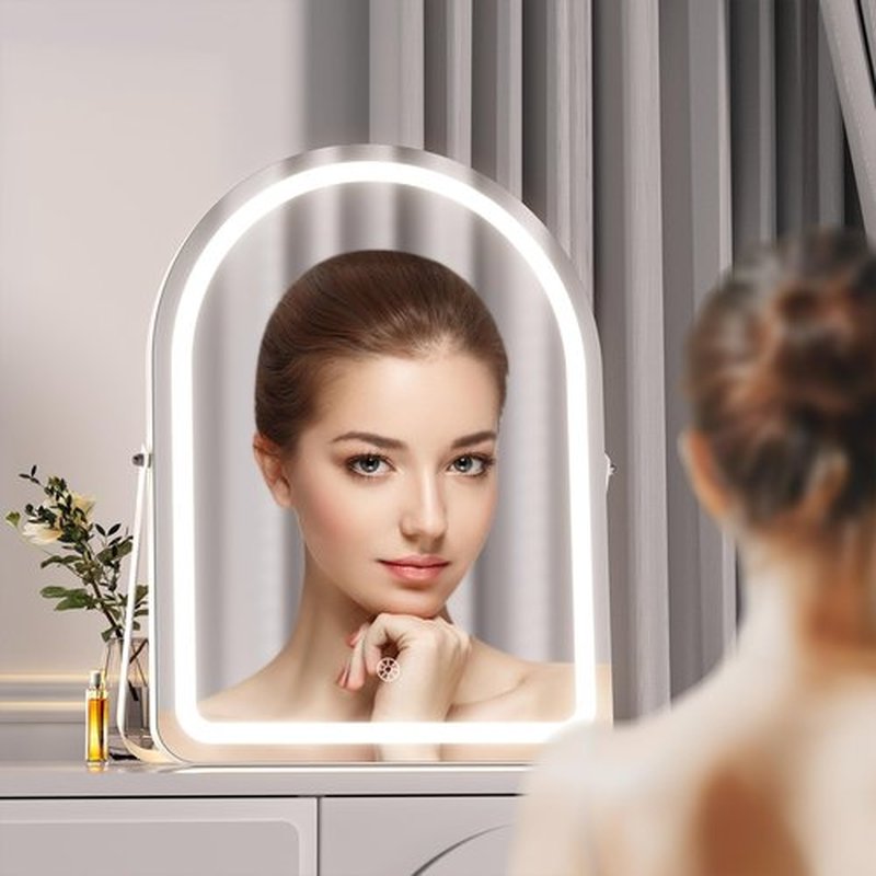 Hasipu Vanity Mirror with Lights, 12"× 14" Arched LED Makeup Mirror, Lighted Makeup Mirror with Lights, Smart Touch Control Dimmable 3 Modes Light 360°Rotation White