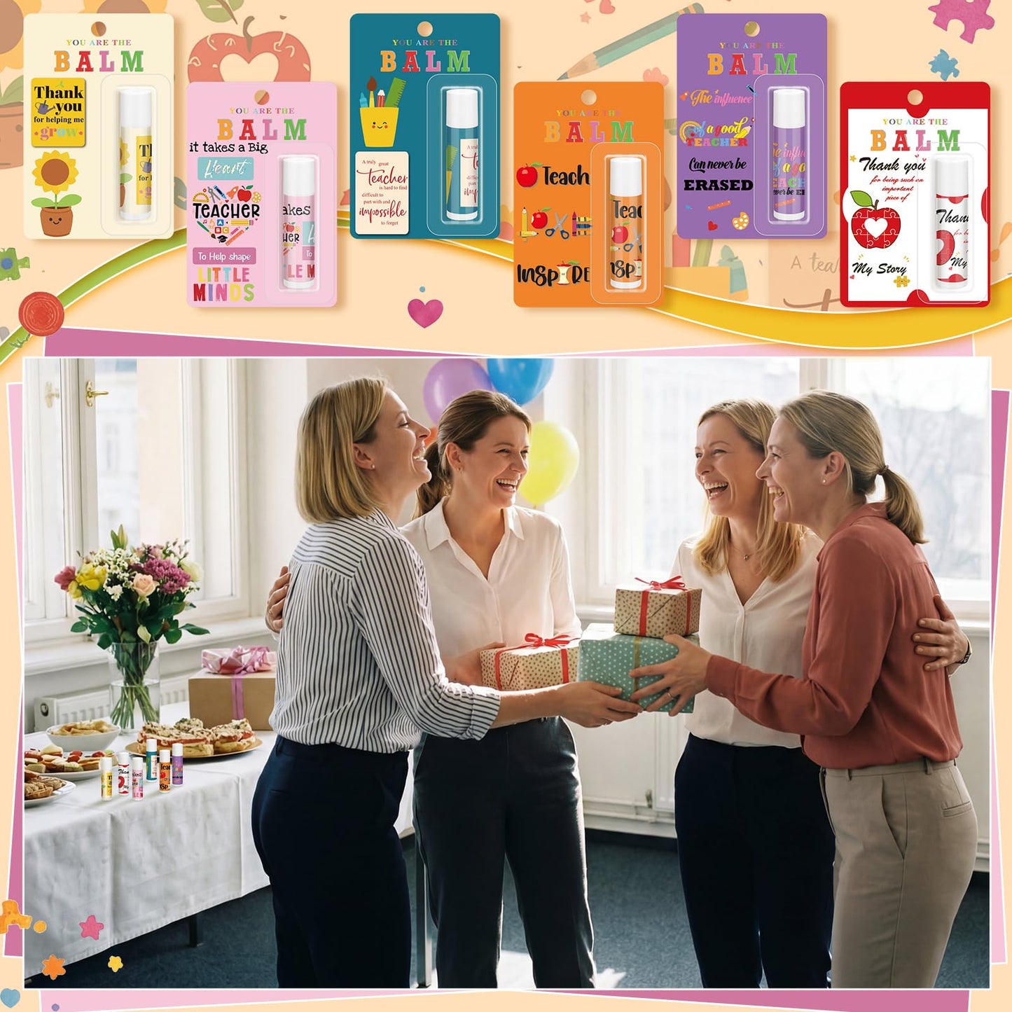 Leelosp 6 Sets End of the Year Teacher Gifts You Are the Balm Lip Balm Bulk with Inspiring Card Back to School Small Appreciation Gifts for Teacher Staff Student School Classroom