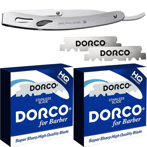 The Shave Factory Straight Edge Razor Kit (Steel Razor / 200 Dorco Single Edge Razor Blades Blue)