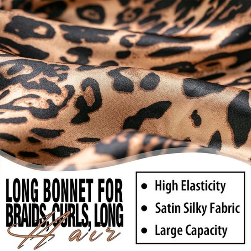 2Pcs Bonnets for Black Women Braid Bonnet, Large Long Bonnet Satin Bonnet for Braids,Black Women Silk Bonnet with Stretchy Tie Band Braid Bonnet for Sleeping Extra Long (Pink & Leopard)