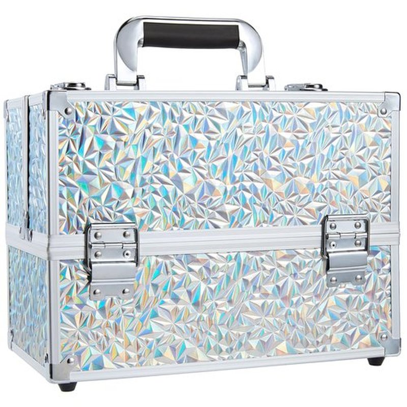 FRENESSA Makeup Case Cosmetic Organizer Case Extra Large 12 Inch 6 Trays Portable Makeup Organizer Case Make Up Carrying Box with Lockable for Esthetician Nail Students Craft Travel Glitter Silver
